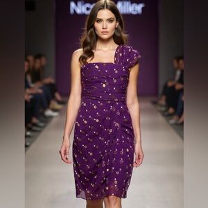 Nicole Miller Elegant Purple One-Shoulder Dress Silk Chiffon